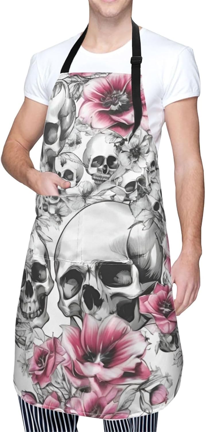 YANYU Floral Skull Print 28x33 In Kitchen Apron Stylish Chef Apron wit