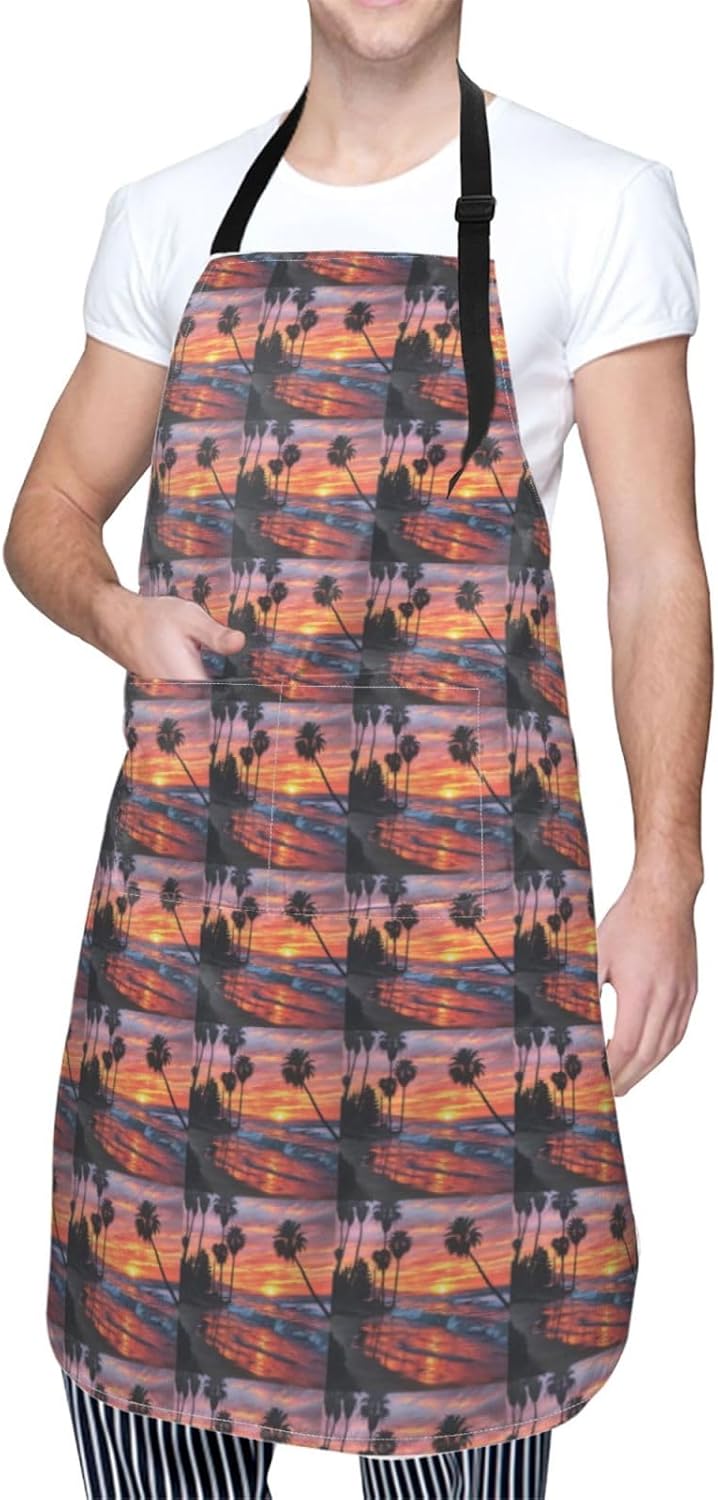 YANYU Palm Tree Sunset Print 28x33 In Kitchen Apron Stylish Chef Apron with Pockets for Cooking Baking Painting