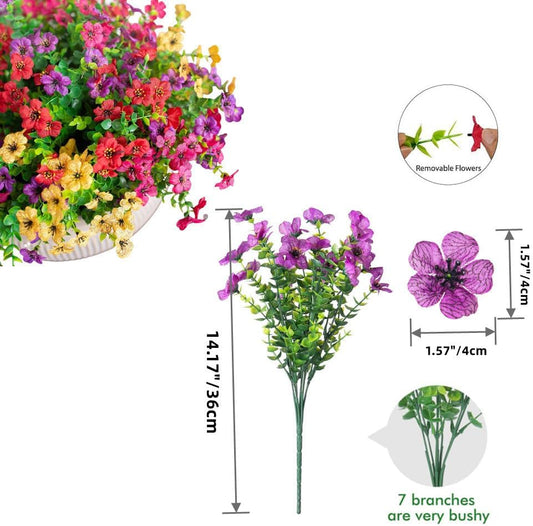 Artificial Faux Plants Flowers Outdoor Spring Summer Decoration, 6 Bundles Faux Silk Flower Mix Daisy Eucalyptus,UV Resistant Plastic Plants & Flowers for Garden Home Pot Planters Decor (6, Mix)