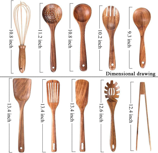 10 Pack Wooden Utensils for Cooking, Wood Utensil Set for Kitchen, Tea