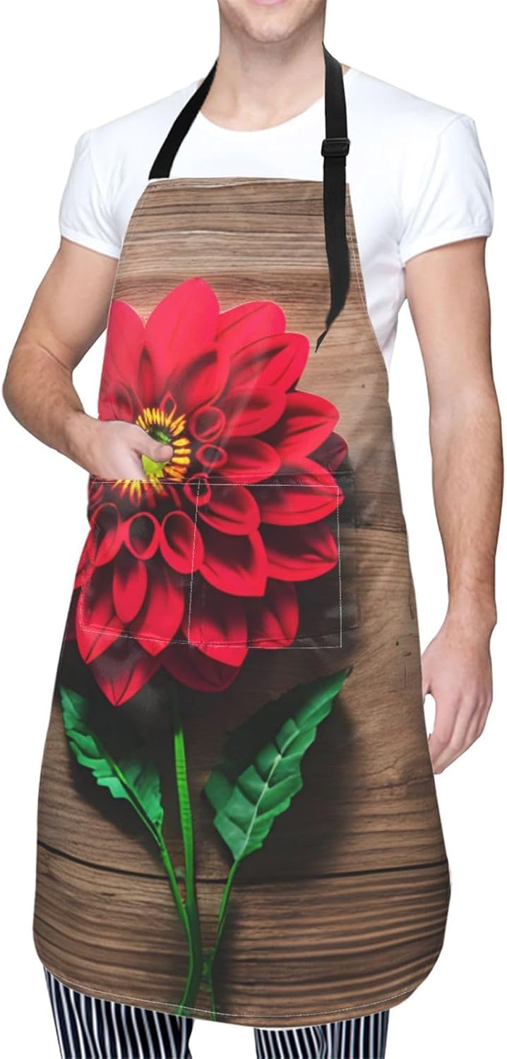 Wooden Board Retro Flower Red Dahlia print Waterproof chef's apron with pocket apron for kitchen cooking baking barbecue and gardening