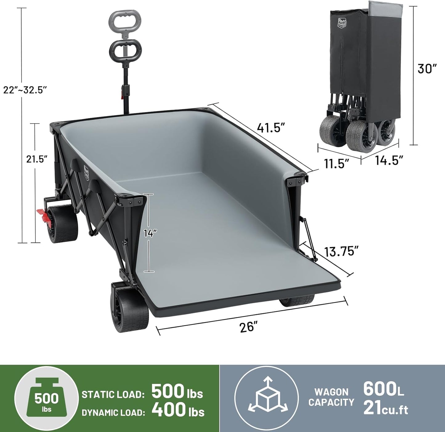 TIMBER RIDGE 600L Beast Wagon 26" W Extra Wide All Terrain Folding w/Big Wheels, Cargo Net & Tailgate, 26" W and 55.25" L, Capacity and 500lbs Heavy Duty Collapsible Portable Cart, Grey