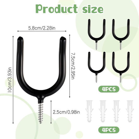 4PCS Screw in U Shaped Hook, Wall Mount Garage Storage Organizer Hanger U Hooks with Box for Hanging Garden Tools, Black