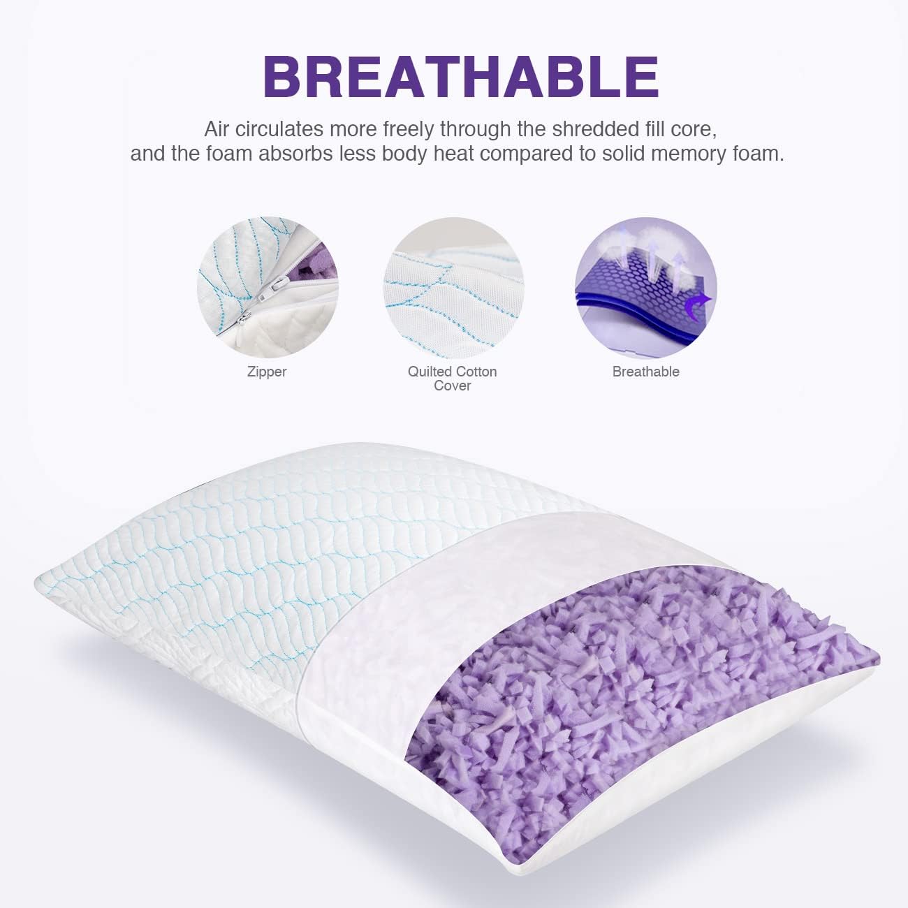 Cooling Pillows Queen Size Set of 2, Memory Foam Pillows with Zipper, Adjustable Firmness for Sleeping Cool Cold Pillow to Hot, Side, Back and Stomach Sleepers, 2 Pack, 20x30