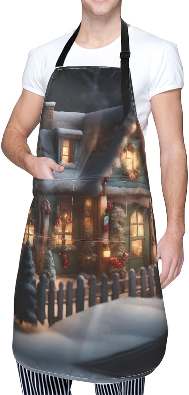 Christmas Village House 4 print Waterproof chef's apron with pocket apron for kitchen cooking baking barbecue and gardening
