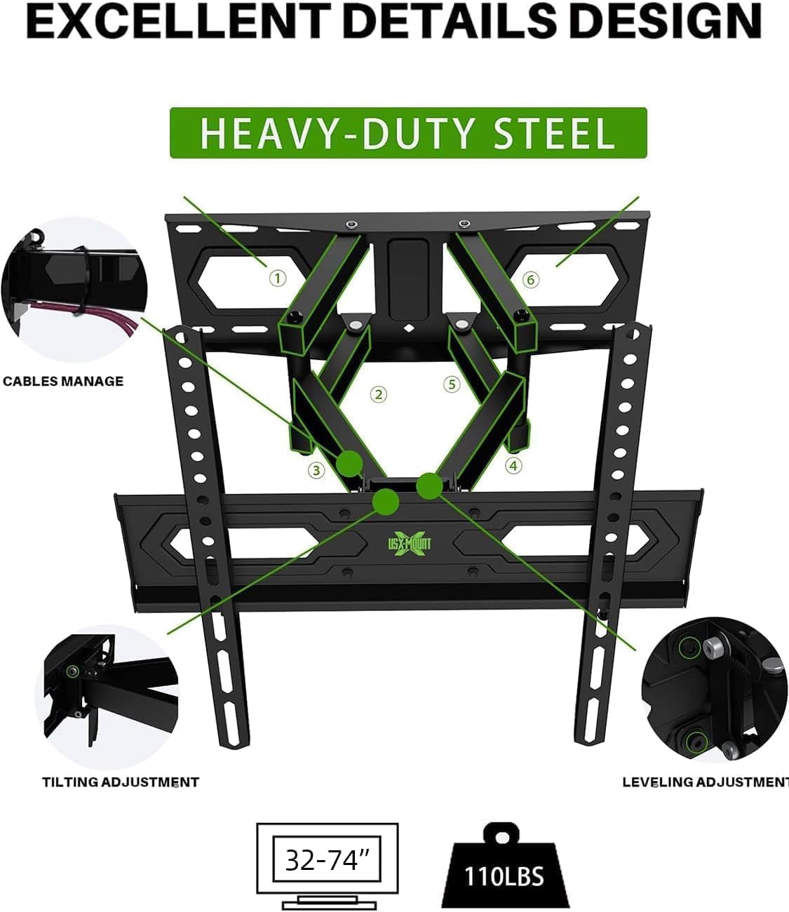 USX MOUNT TV Wall Mount for 32-74 inch Flat Screen/LED/4K up to 110lbs