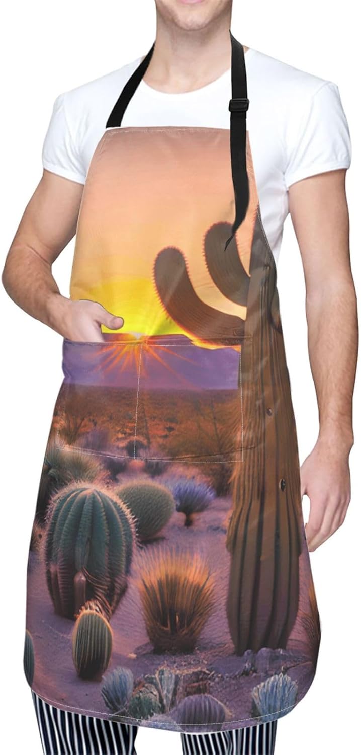 YANYU Cactus Desert Sunsets Print 28x33 In Kitchen Apron Stylish Chef Apron with Pockets for Cooking Baking Painting