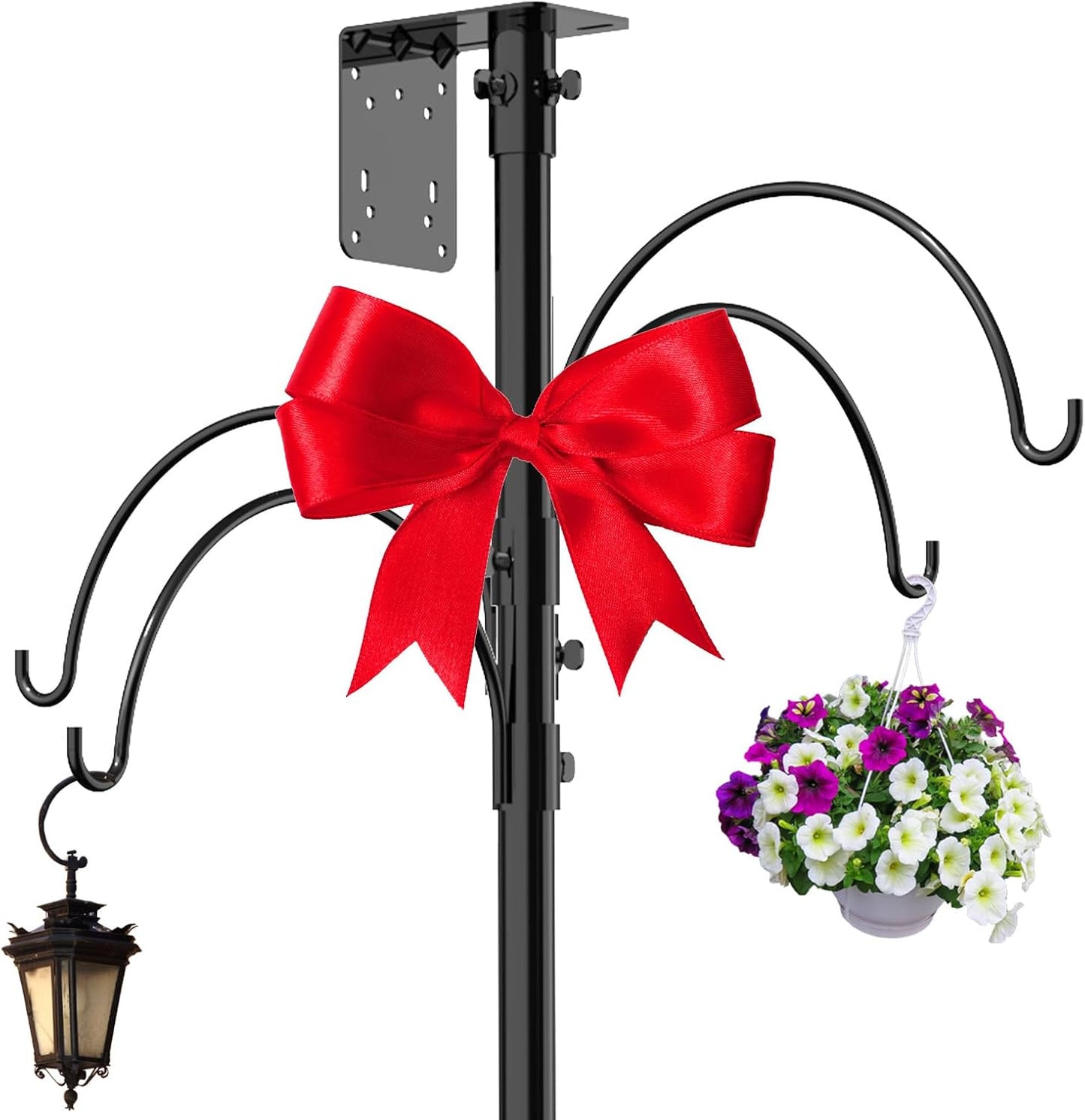 Birdkiss Shepherd Hook Pole for Garden:Adjustable Heavy Duty Outdoor Squirrel Proof Bird Feeder Pole Mount Kit with 5 Prongs Base 90 Inch with 4 Hooks Hanging for Bird Feeder and Birdhouse.