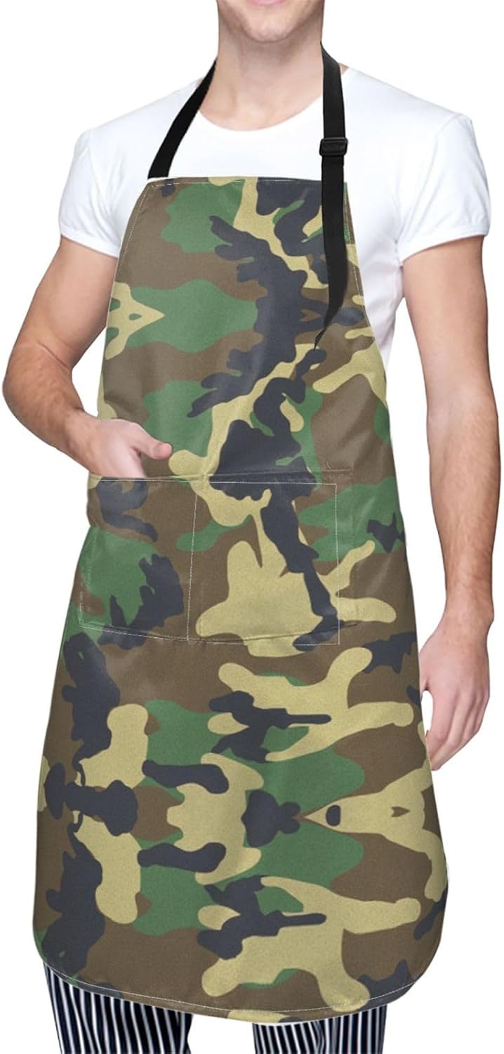 Green Military Camo print Waterproof apron with pocket adjustable cooking apron for adult kitchen bibs to bake