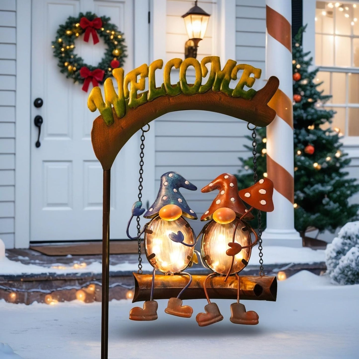 HONGLAND Gnomes Garden Decor Solar Lights, 48 Inch Welcome Sign Swing Yard Decorations Outdoor Decorative Stake for Lawn Porch Backyard Patio, Gnome Gardening Gifts for Women Mom