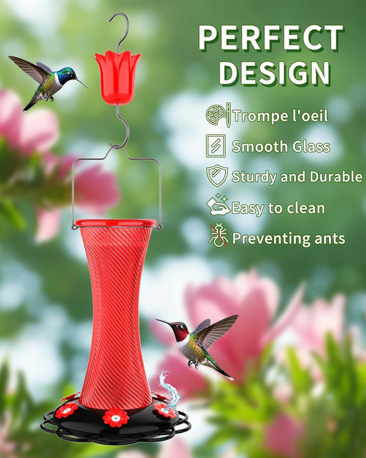 Hanging 20oz Glass Hummingbird Feeder with Moat, Small Outdoor Plastic