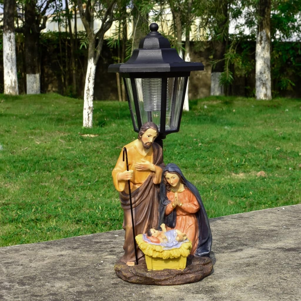 Solar Operated Light Nativity Scene Resins Religious Garden Lawn Ornament Decors