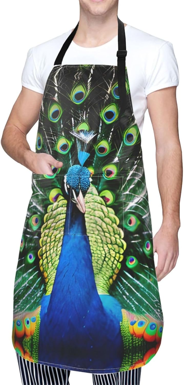 Fresh peacock print Waterproof chef's apron with pocket apron for kitchen cooking baking barbecue and gardening