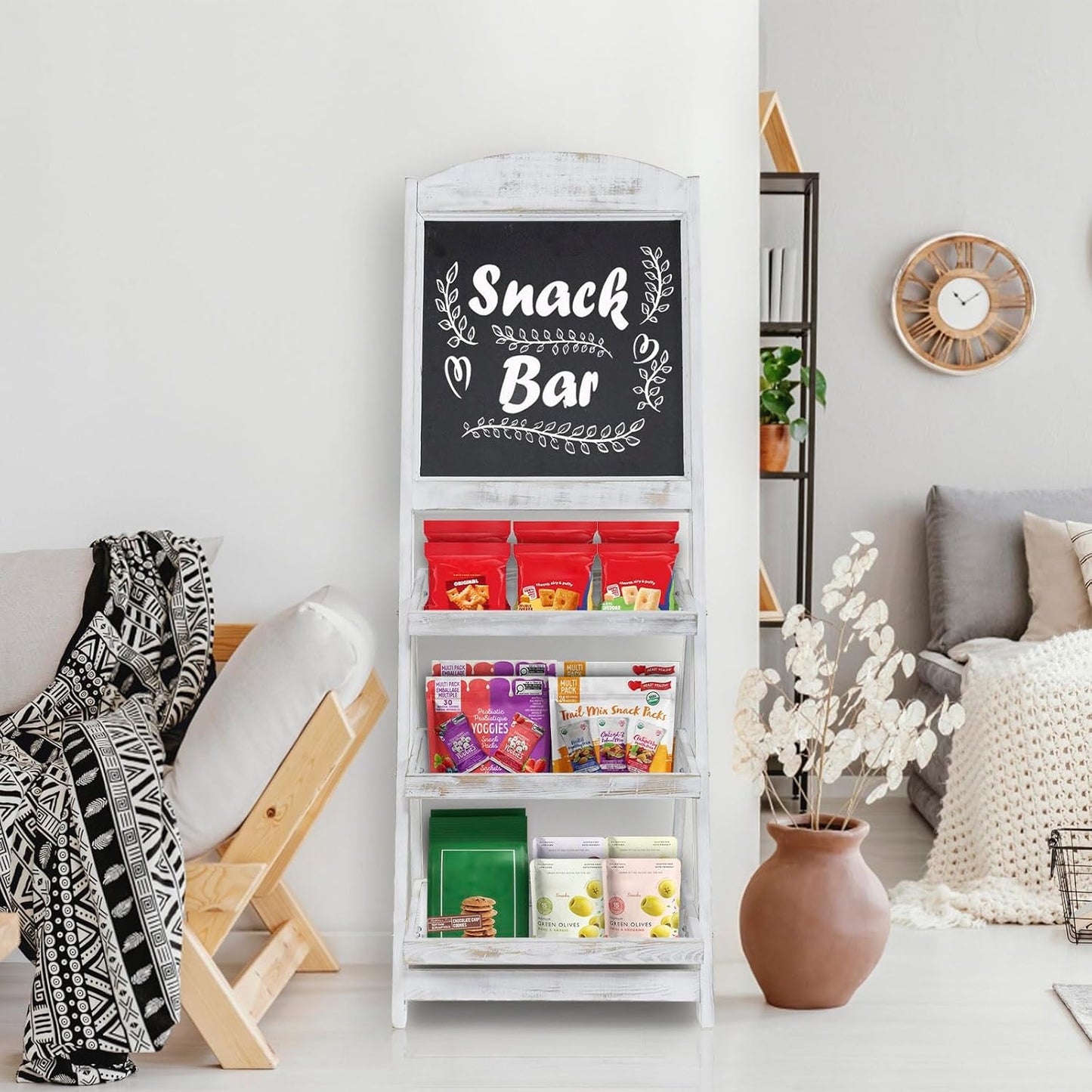 MyGift Shabby Whitewashed Wood Freestanding Chalkboard Easel with 3-Tiered Display Shelves, Decorative Chalkboard Plant Shelf Stand