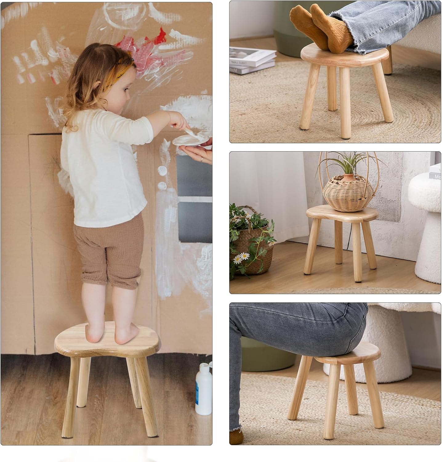 Wooden Stool, Small Step Stool for Kids, 10 inch Small Short Solid Wood Chair Perfect Matched Sensory Table, Sturdy and Versatile for Bathroom, Kitchen, Bedroom, Plant Stand (Burlywood)