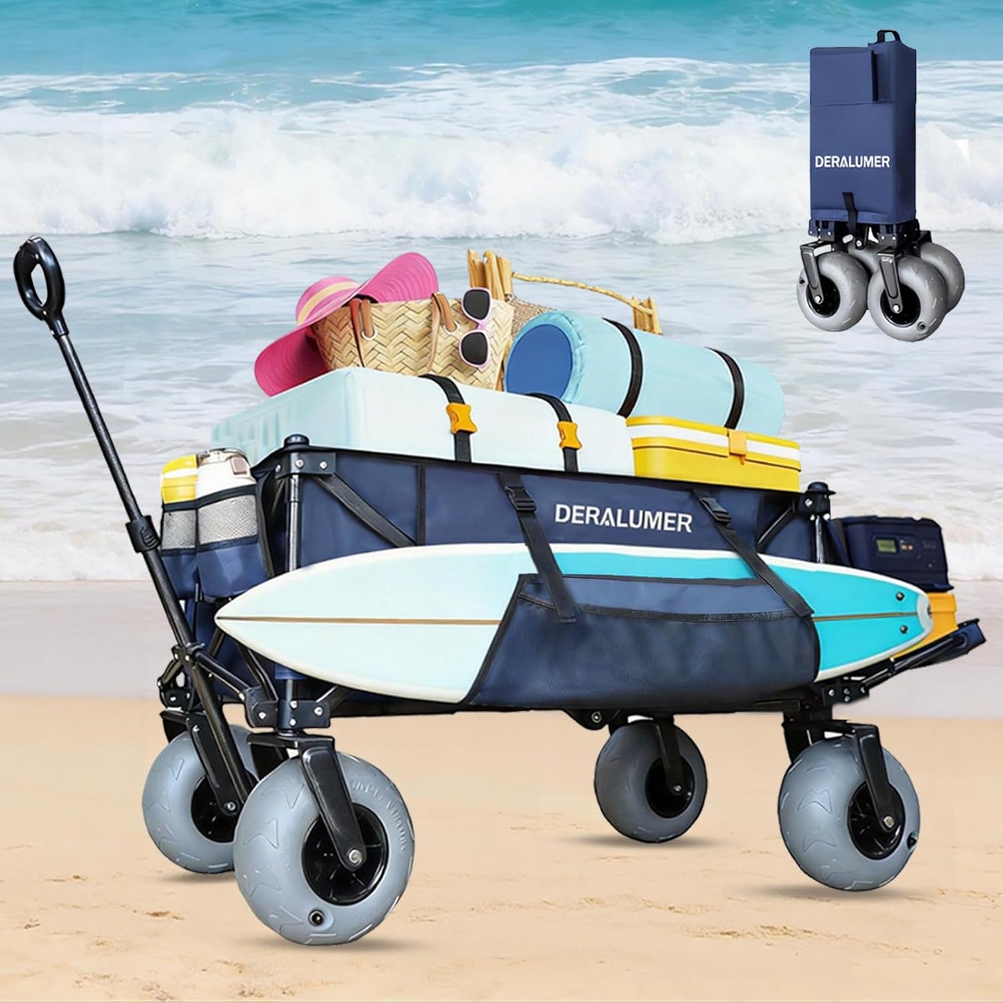 X900 Beach Wagon with 9ร4" Big Balloon Wheels for Sand, 48" Heavy Duty Folding Wagon with Expandable Tailgate & Side Bag, Collapsible Utility Cart for Beach, Camping, Fishing (Navy Blue)