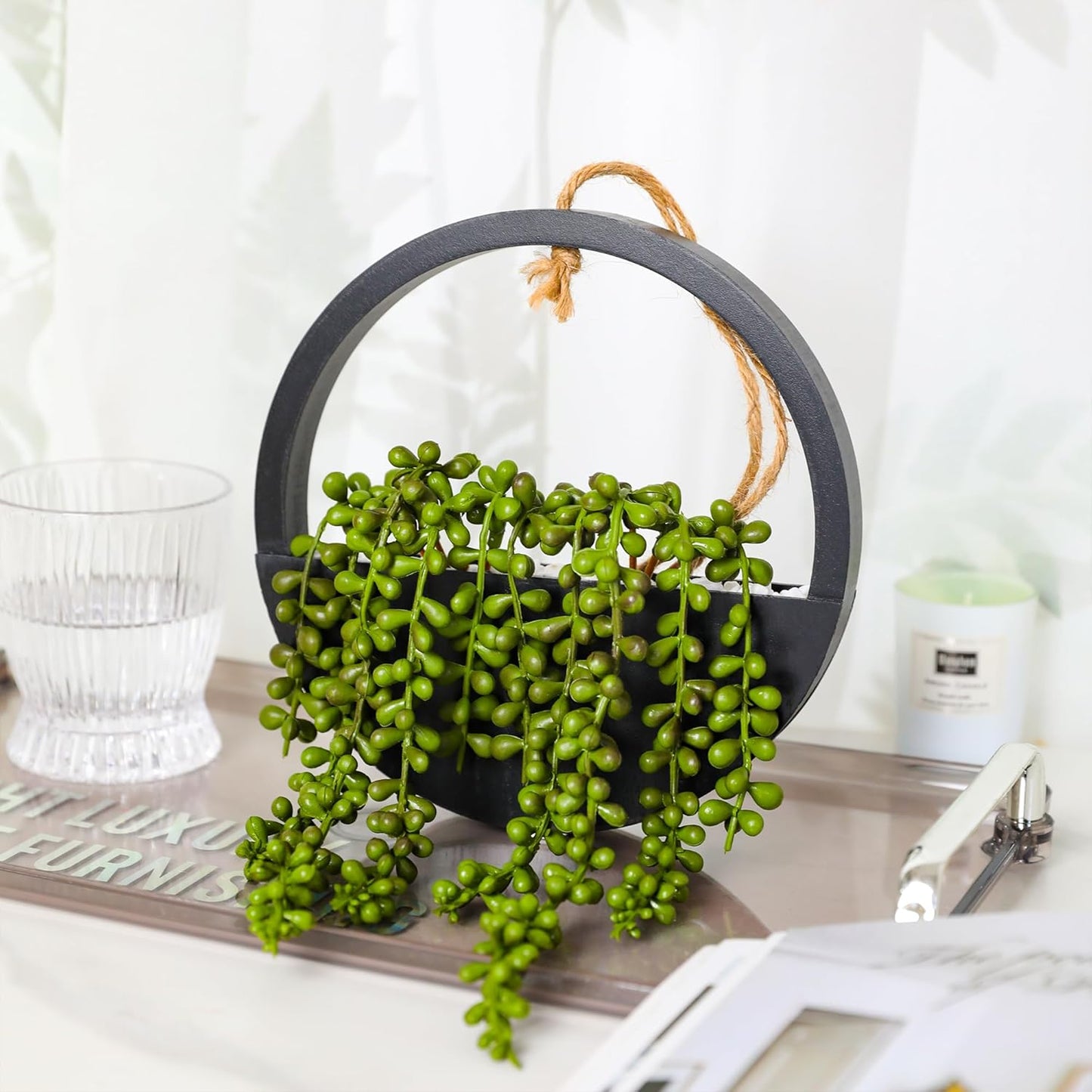 Floweroyal 2pcs Artificial Succulents Hanging Plants 12.2'' Fake String of Pearls in Pot with 8.3'' Lanyard for Indoor Outdoor Wall Decor (Black).