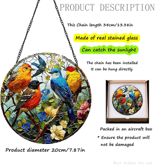 Birds on Branch Stained Glass Window Hanging - 7.8'' Suncatcher for In