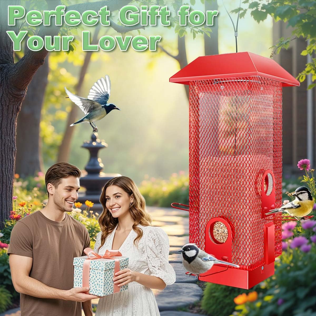 Squirrel Proof Bird Feeder, 2.5LB Heavy-Duty Metal Wild Bird Feeder with Weight-Activated Spring, Weatherproof Outdoor Hanging Birdfeeders for Cardinals, Blue Jays, Finches