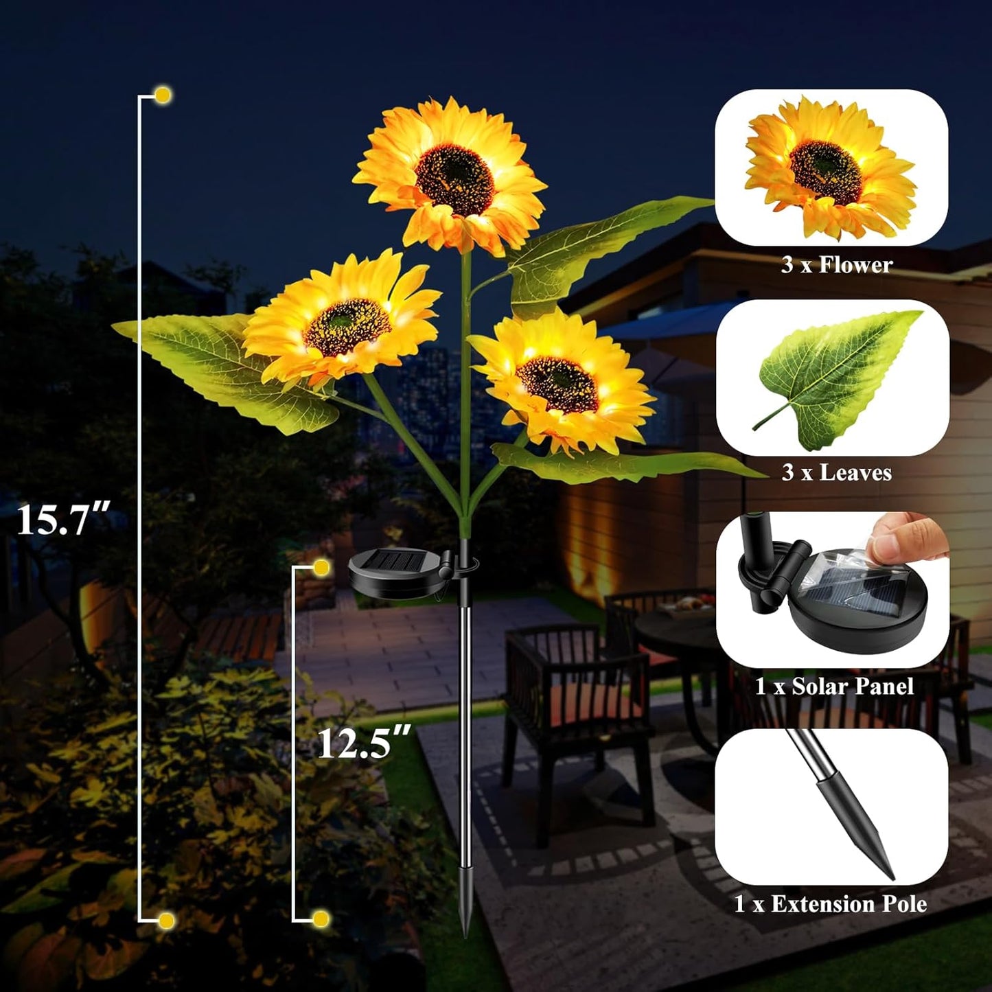 4-Pack Solar Powered Sunflower Garden Lights, LED Outdoor Decor Solar