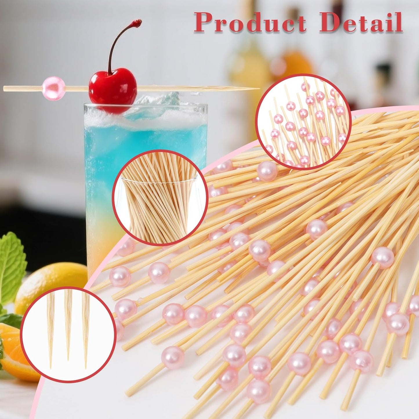 200 PCS Pink Cocktail Toothpicks for Appetizers, Natural Bamboo Coctail Skewers Sticks, Pearl Decorative Cocktail Tooth Picks for Drinks, Fruit, Charcuterie, Wedding Food Party Fancy 4.7 Inch Long