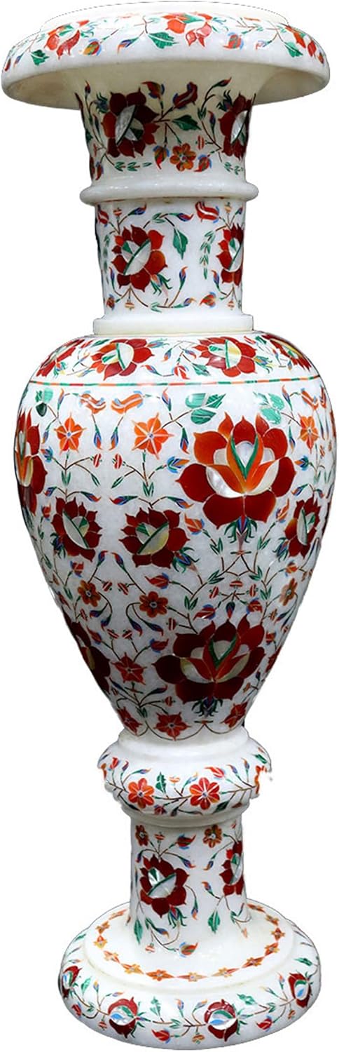 Marble Indoor Planter I Carnelian Inlay Flower Vase I Marble Plant Sta