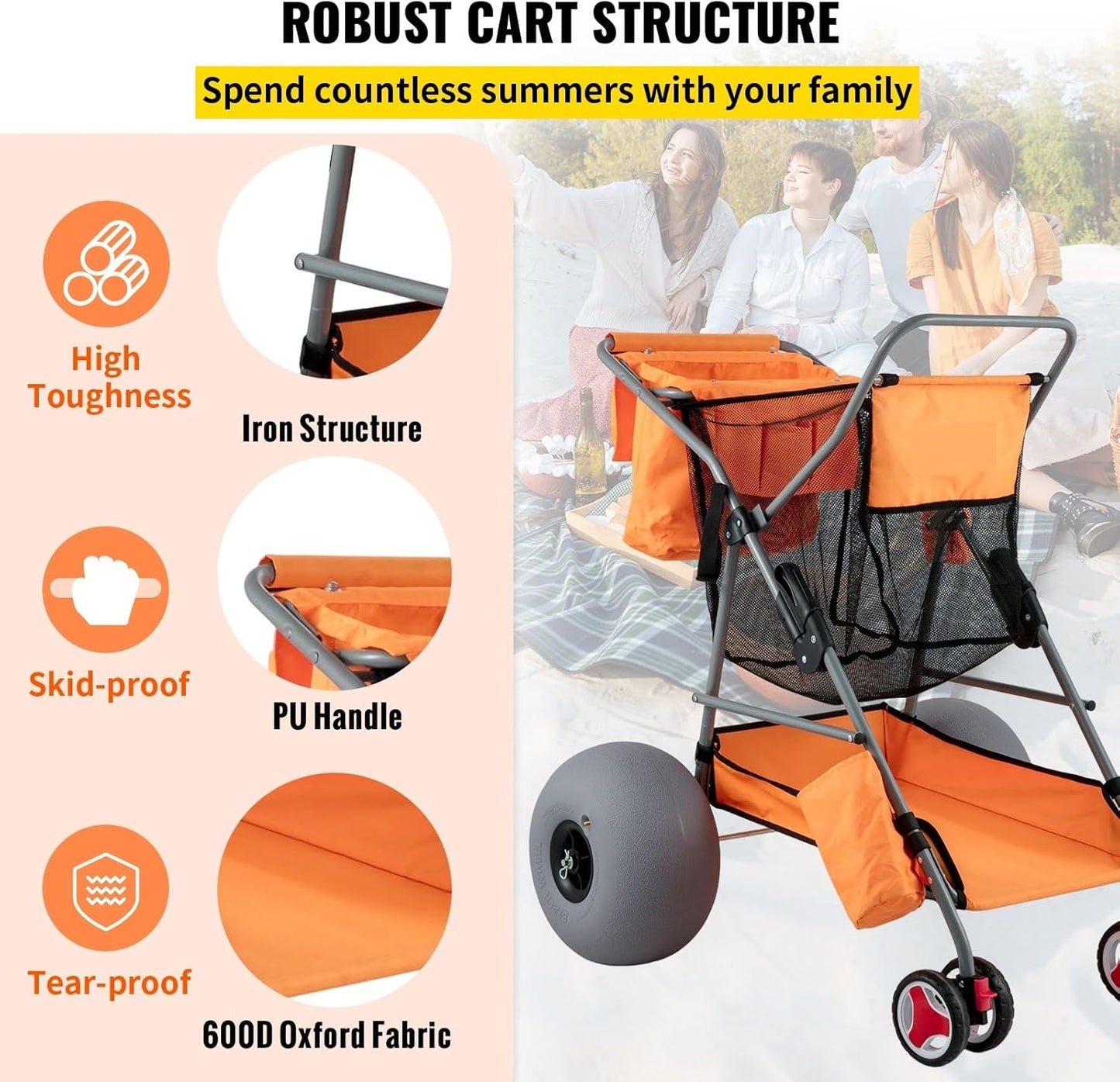 Folding Wagon Cart Orange/Blue Portable Outdoor Camping Beach Multifunction Adjustable Handle for Picnic Bbq Trolley,High Efficiency(Orange)