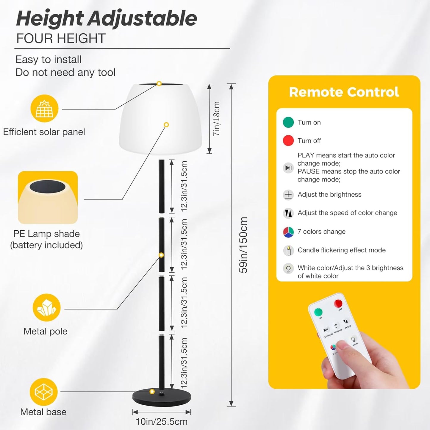 Qnkaa Outdoor Floor Lamp Solar Outdoor Lamps for Patio Waterproof Shower Lamp,LED Cordless Floor Lamp with Light Sensor,Rechargeable Dimmable Floor Lamp Warm White+RGB Solar Lamp for for Garden