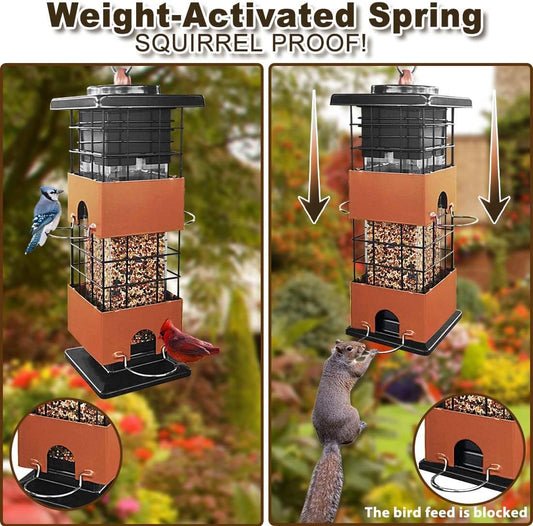 Squirrel Proof Bird Feeder, 3LBS Large Capacity Metal Hanging Bird Feeders for Outdoors, Weight-Activated Perches Wild Birdfeeder for Blue Jay, Cardinal (Brown)