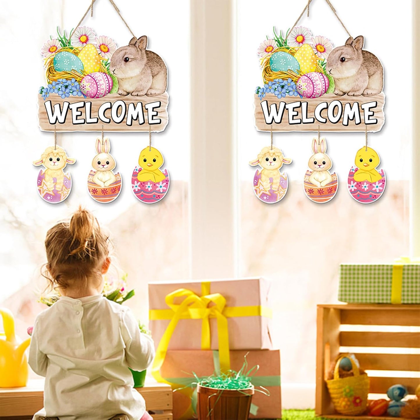 Easter Bunny Door Sign - 4-Piece Set Easter Hanging Sign Rabbit Door D