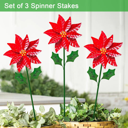 WAIU 3 Pack Outdoor Metal Poinsettia Wind Spinners Yard & Patio Christ