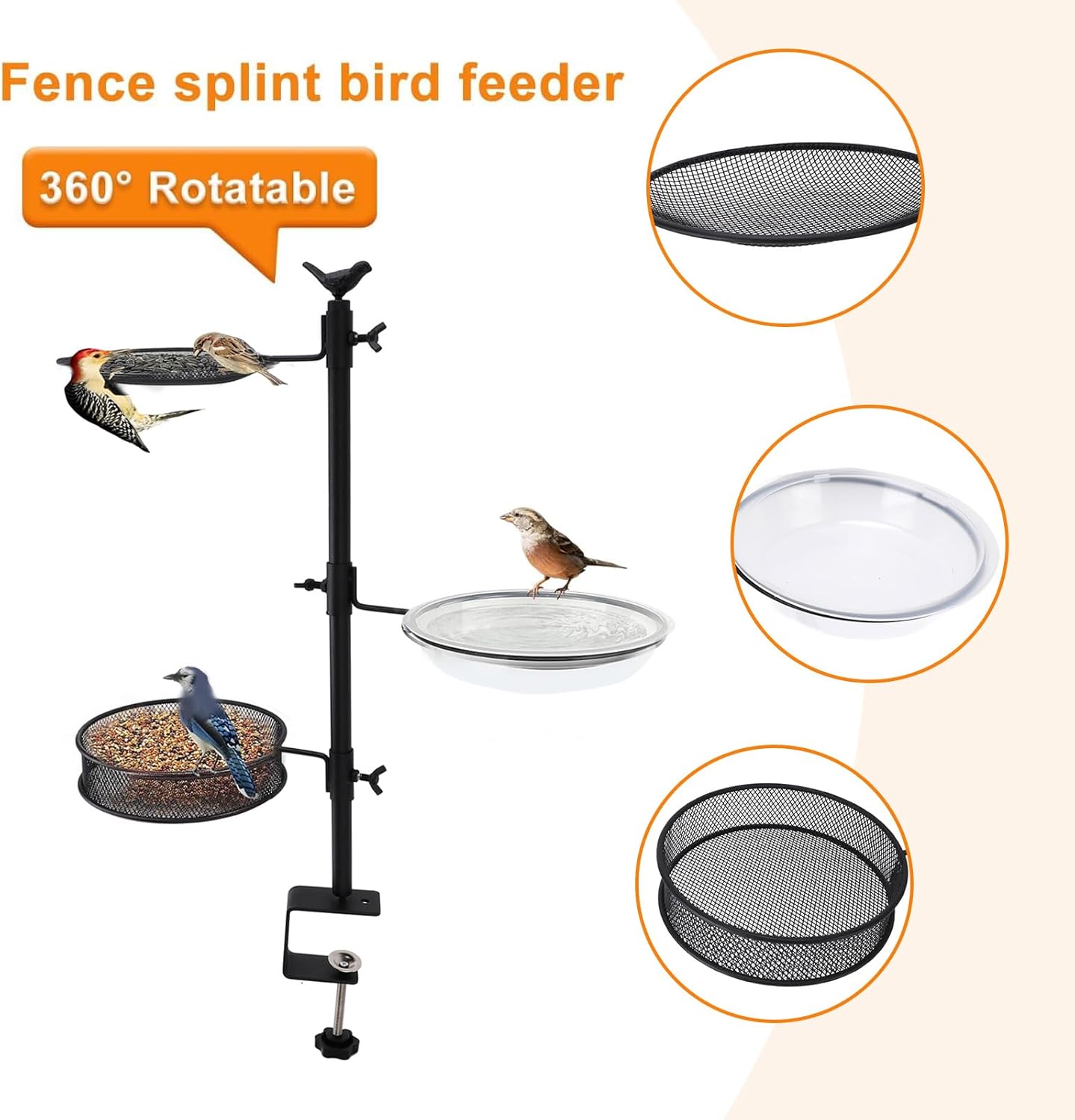 Deck Railing Bird Feeder Heavy Duty Metal Detachable Outdoor Balcony Three Trays Birdseed and Water Bath for Bird Lovers Garden Patio Deck