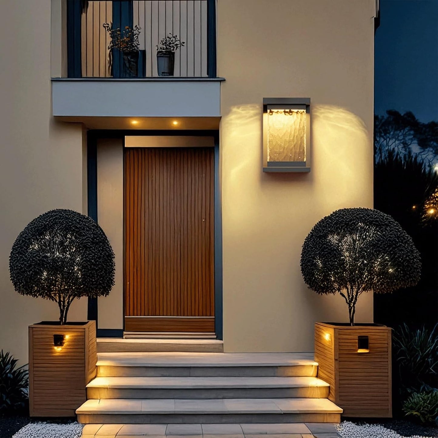 Solar Outdoor Wall Sconce, Modern Stainless Steel Lamp with Water Ripple Glass, Waterproof Dusk to Dawn LED Exterior Fixture for Porch Patio Garden Villa Entryway Terrace Cottage(Large)