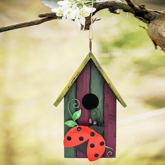 Wooden Decorative Birdhouse Hanging Bird House Hand Painted Birds Box Outdoor Garden Decor Bird Feeder for Finch Hummingbird Cardinals Bluebirds Sparrows Chickadees (Ladybug)
