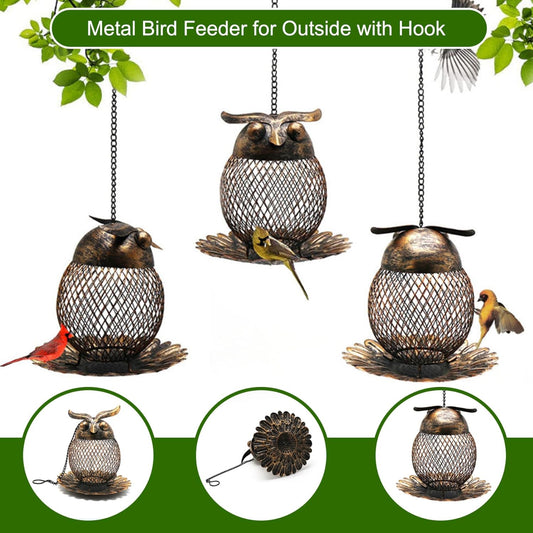 Metal Bird Feeder 6 Inch Owl-Shaped Hanging Bird Feeder with Hollow Ou