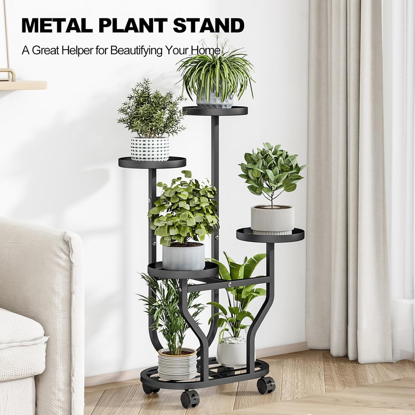 Plant Stand Indoor Outdoor 4 Tier Flower Holder with Wheels Metal Plan
