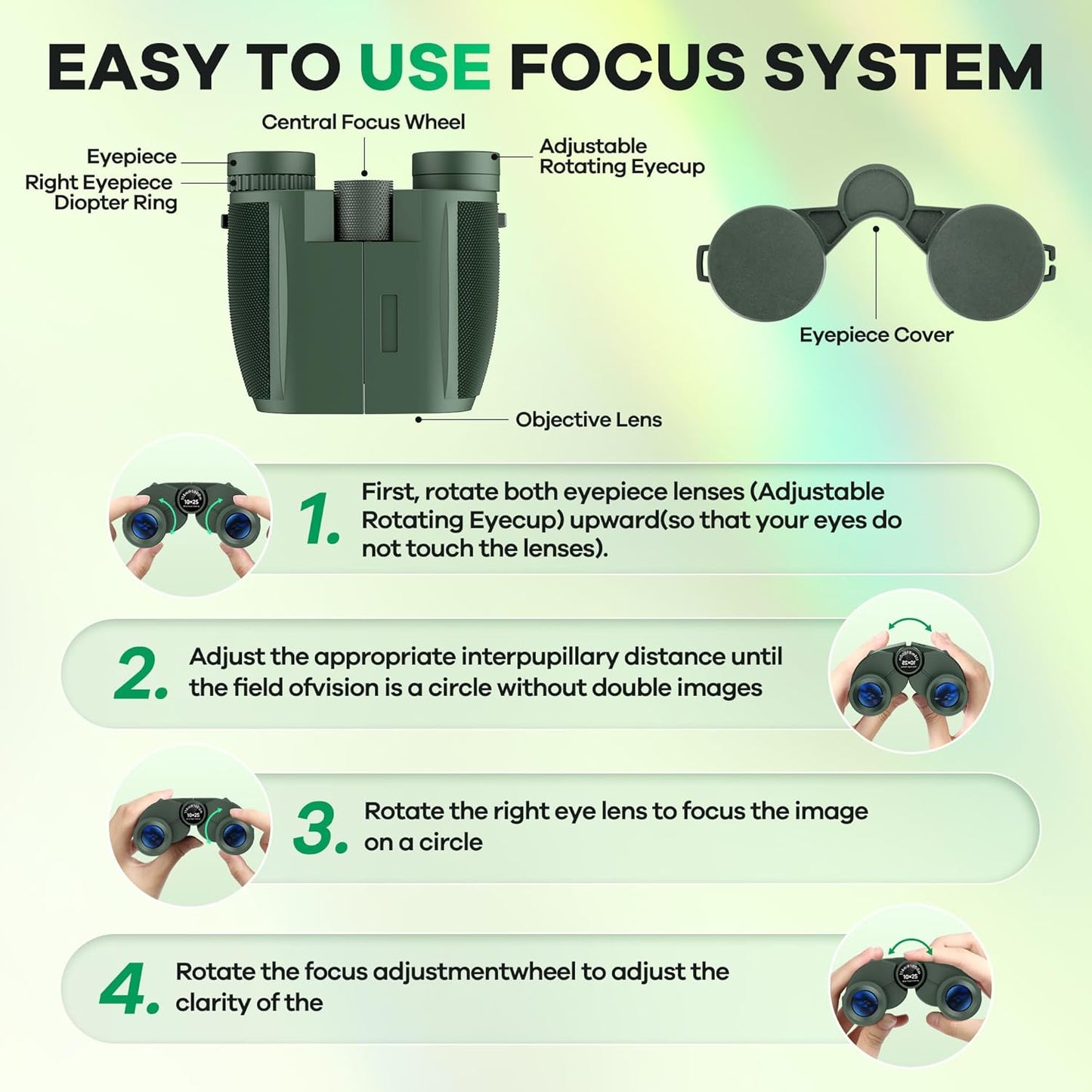 Leacco 10x25 Compact Binoculars for Adults and Kids, Large View Waterproof Small Binoculars with Low Light Vision BAK4 Prism FMC Lens for Cruise Ship Bird Watching Travel Hunting, Military Green