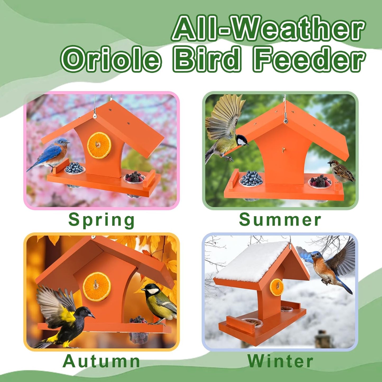 Oriole Feeder for Outdoors Hanging, Wooden Feeder for Oriole Birds with Pegs for Orange Halves, 6 Removable Cups for Jelly or Jam,Fruit,Nectar or Seed, Orange