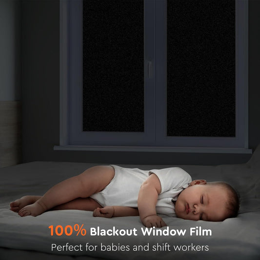 Kromapolis Blackout Window Privacy Film Total Light Blocking Room Darkening Window Covering, Removable Static Cling Frosted Glass Tint, Non-Adhesive, Black 17.5'' x 78.7''
