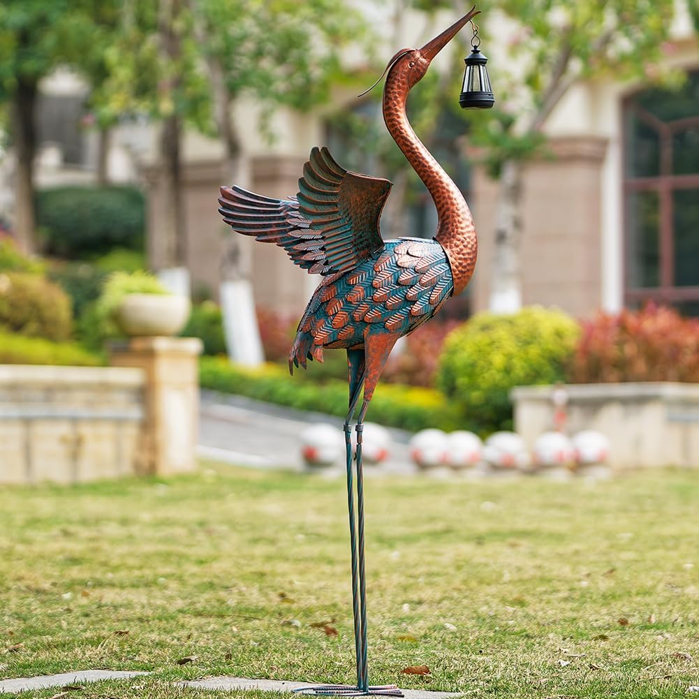48'' Heron Garden Statue, Large Crane Outdoor Statue with Solar Lantern, Crane Bird Metal Yard Art for Outside Backyard, Pond, Porch Decor