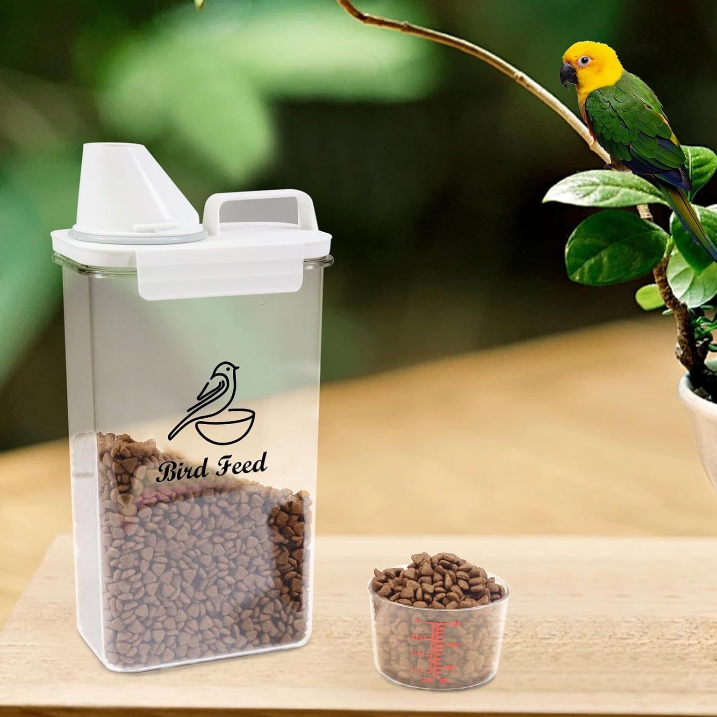 Bird Seed Storage Container Airtight | 3 Qt/2.5 L Clear Plastic Bird Food Container Portable-with Measuring Cup/Lid|Pet Food Storage Container |Wild Bird Seed Dispenser|BPA Free