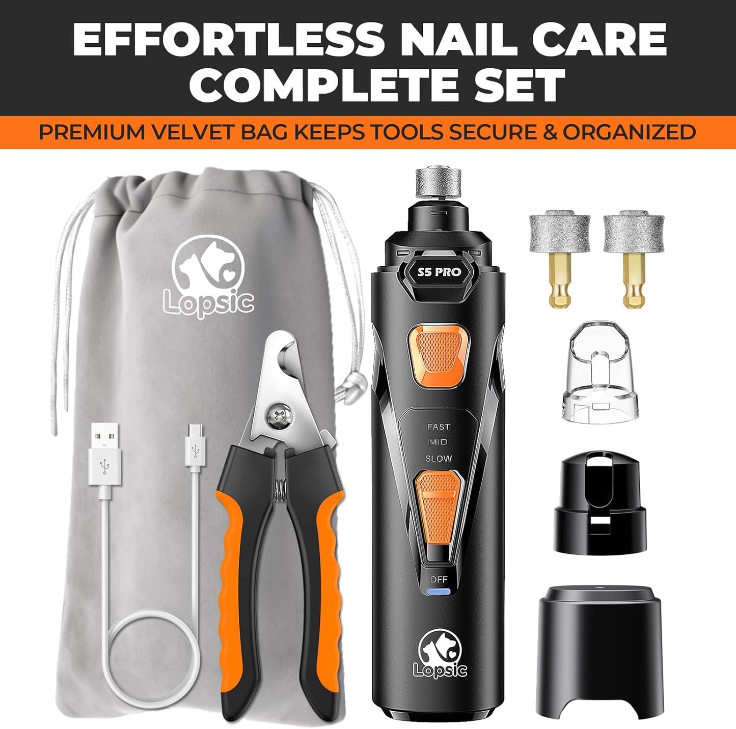 Whisper Quiet Dog Nail Grinder with LED Light, Safe & Stress-Free for