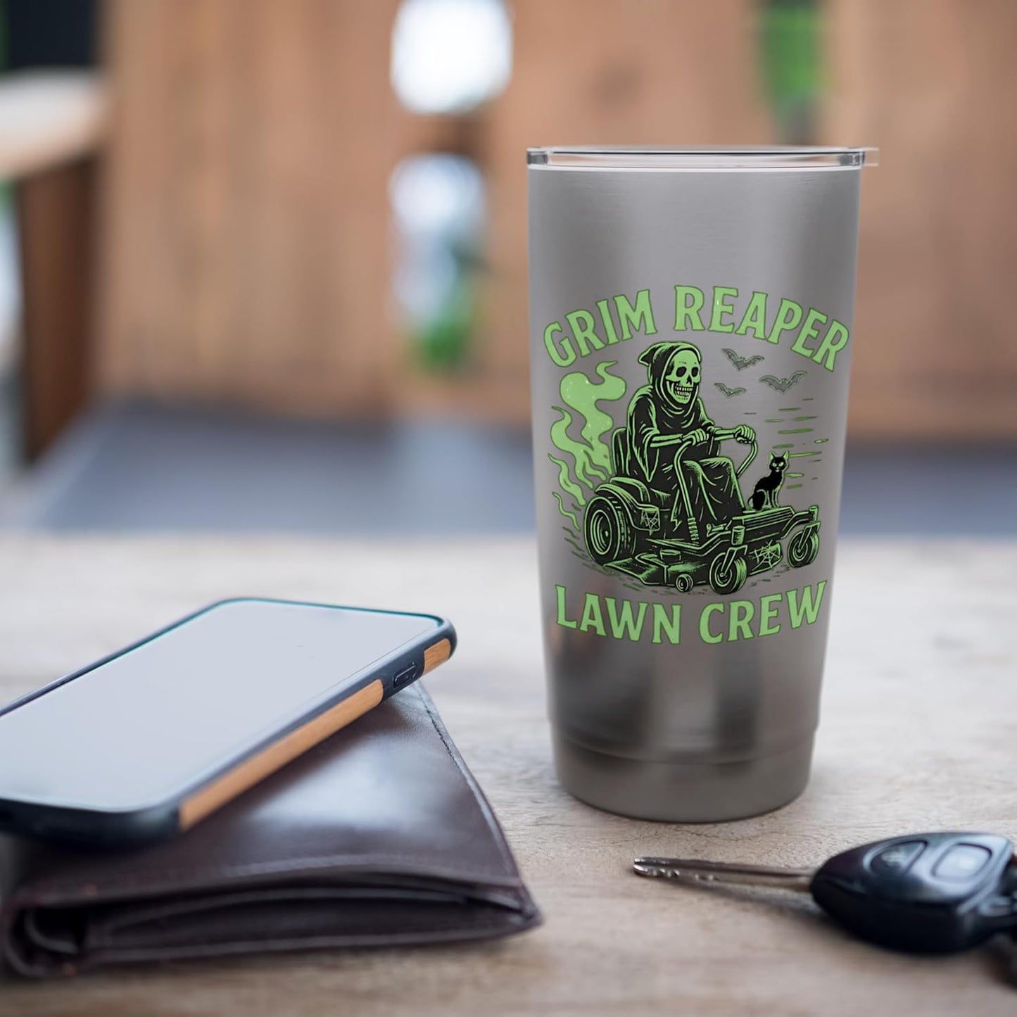 Grim Reaper Riding Lawn Mower Halloween Lawn Care Stainless Steel Insulated Tumbler
