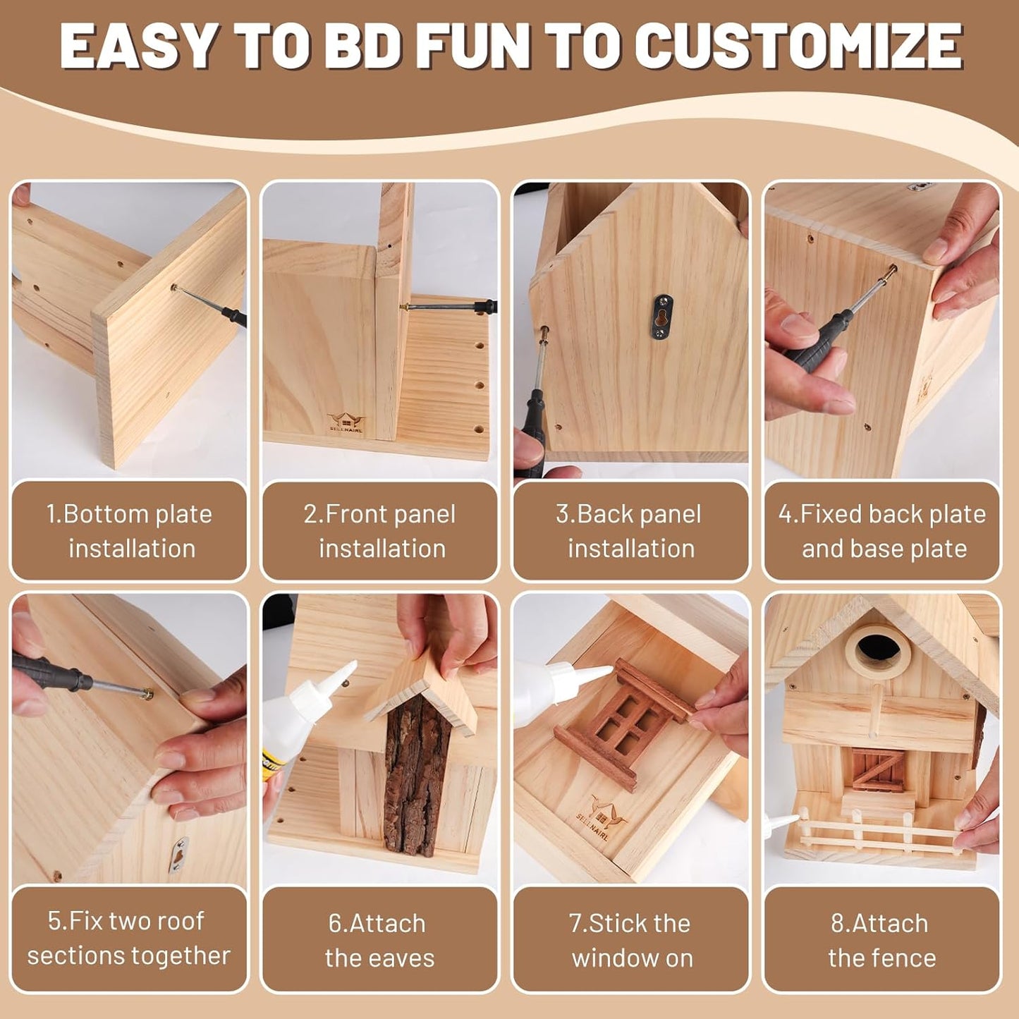 Cottage Style Birdhouse Kit - DIY Bird House for Outdoors, Cedar Roof & Front Porch, Natural Bark Siding, Premium Pine Wood, Fun Family Craft Project