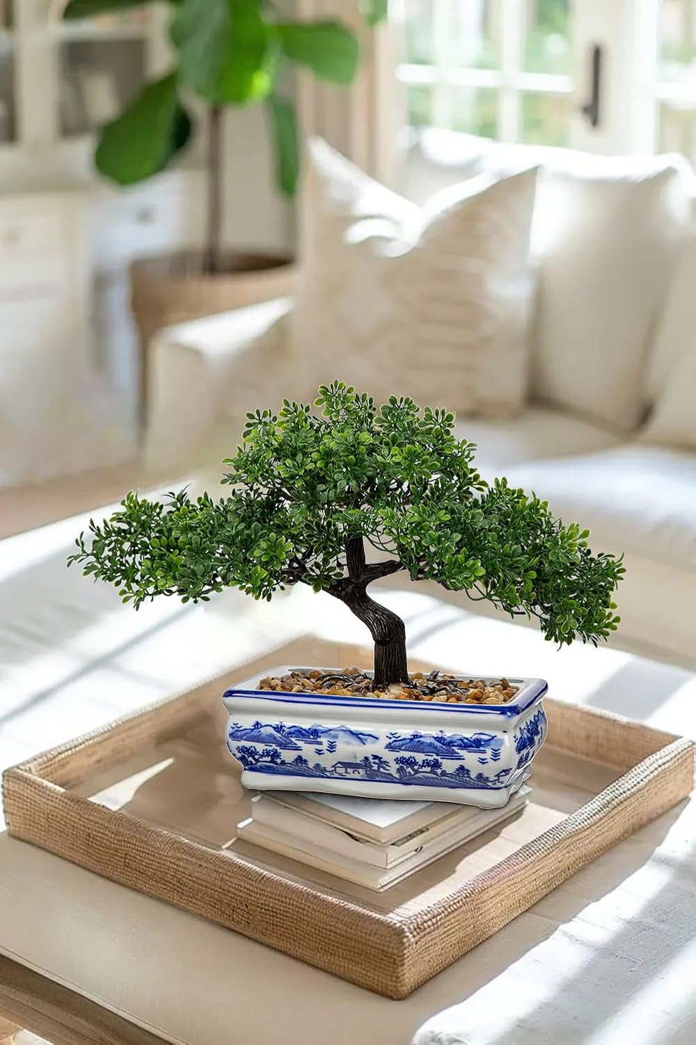 Artificial Bonsai Tree with Blue and White Porcelain Pot, Fake Pine Bonsai for Home Office Desk Decor, Oriental Zen Tabletop Decoration, Faux Bonsai Plant for Living Room, Shelf & Gift