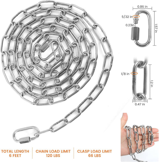 6 Feet Small Metal Chain with Hooks, 120 Pounds Light Weight Chain Link, 1/8 Inch Thin Adjustable Stainless Steel Chain for Bird Feeder, Plant, Fruit Basket Decorative Hanging, Silver