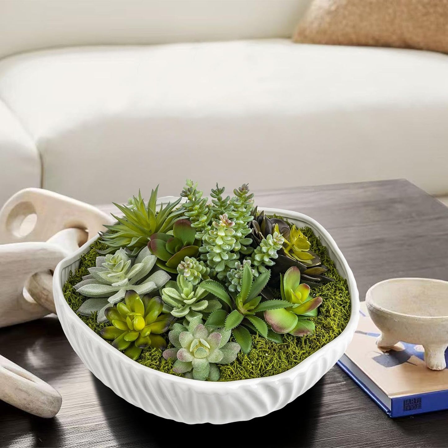 White Ceramic Flower Pot with Realistic Succulent Plants and Moss for Interior (Gary)