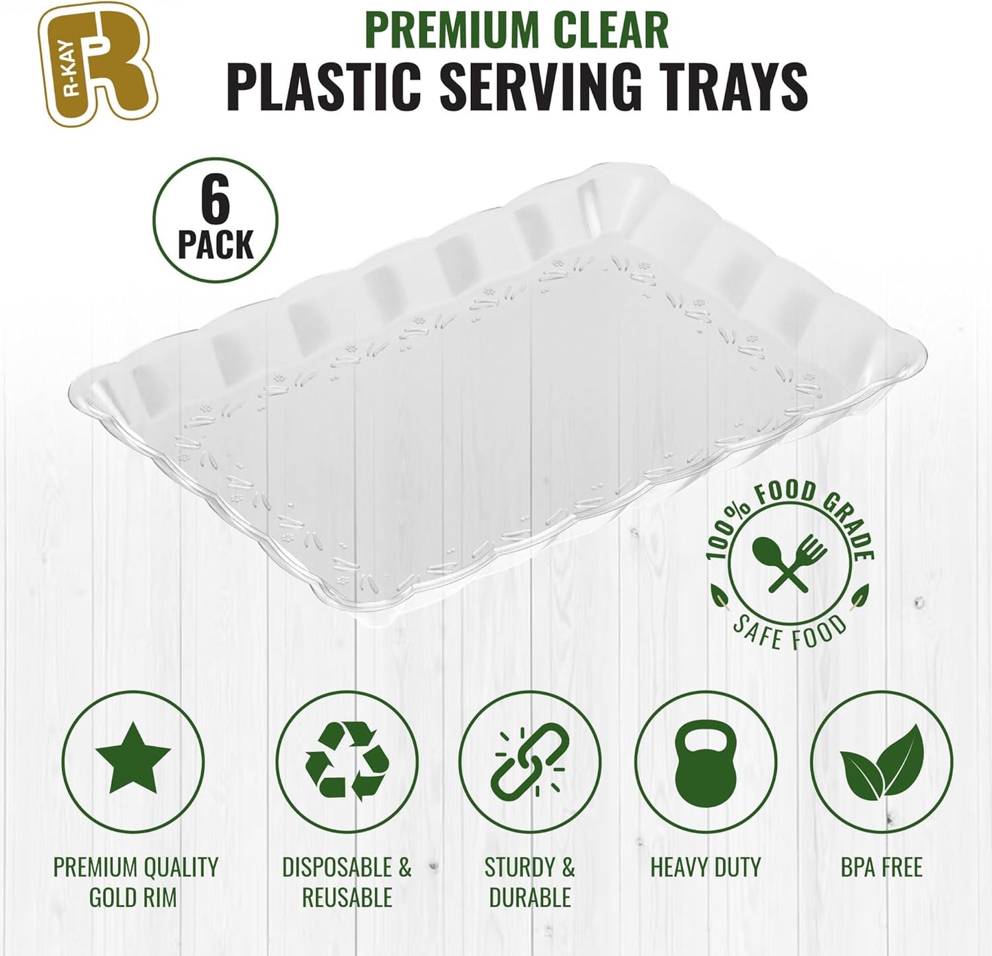 6 Pack Clear Plastic Serving Trays for Party, 9 x 13 Inch - Heavy Duty Plastic Trays for Food - Rectangular Party Serving Trays and Platters - Clear Disposable Trays