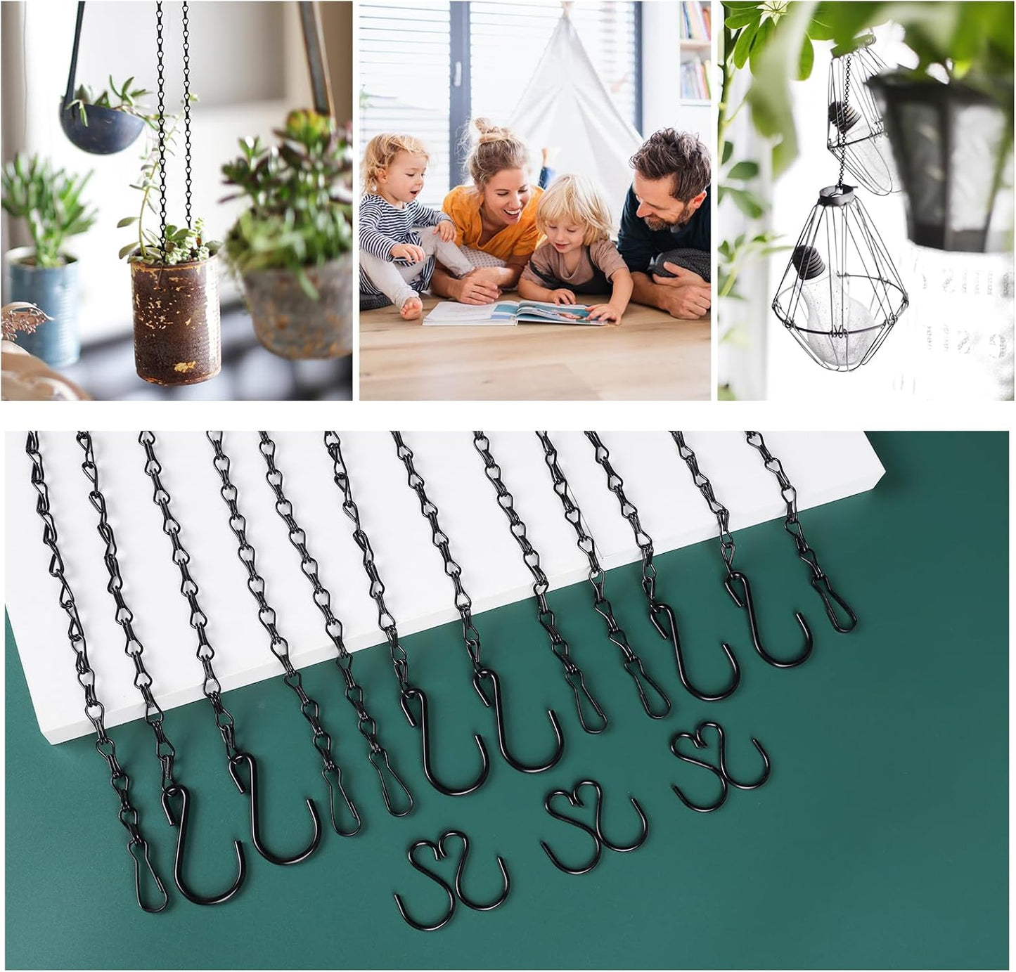 6PCS Hanging Chains with S Hooks, 24.2IN Long Chains with Clips, Adjustable Black Metal Chains Hanger for Plant, Sign, Bird Feeder, Wind Chime