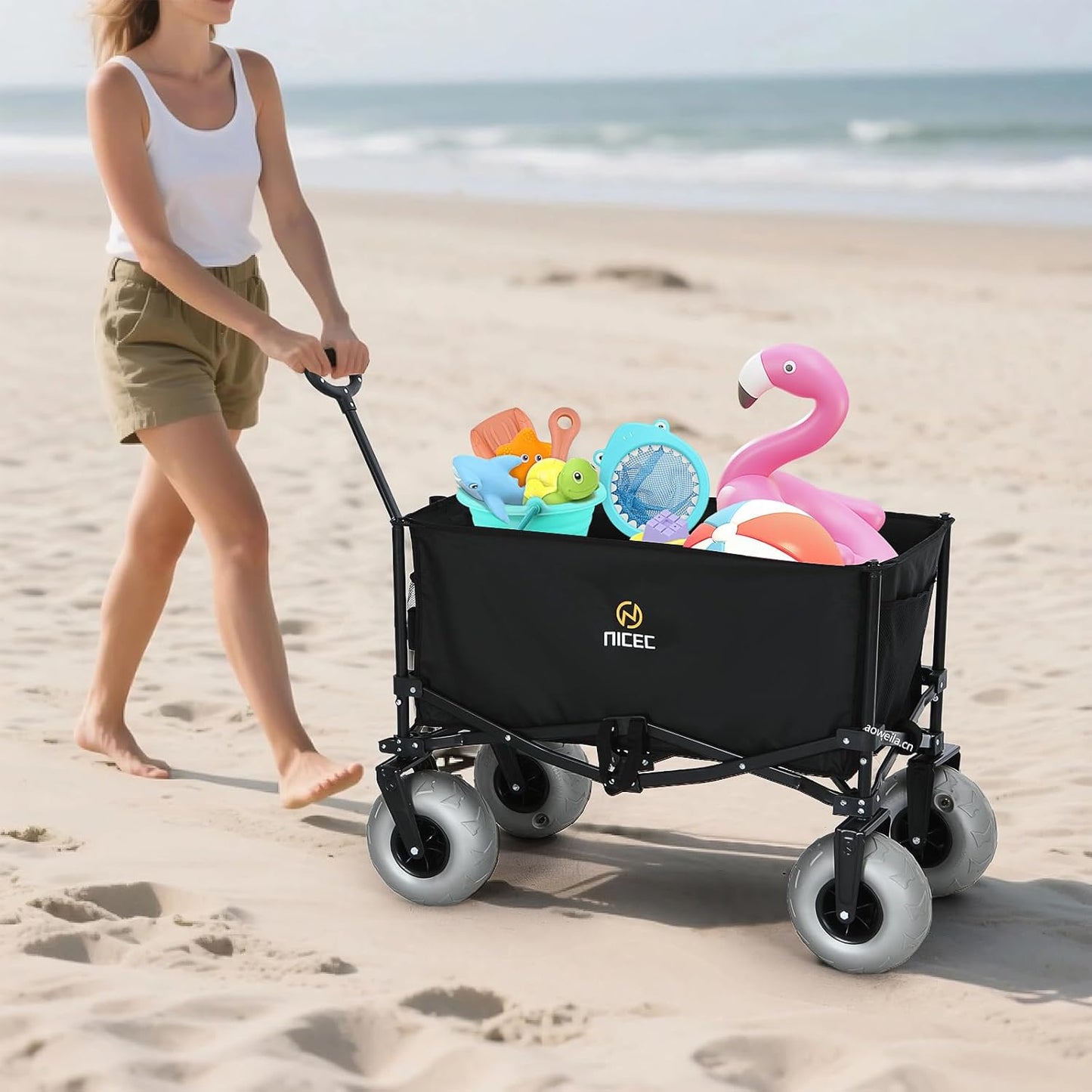 Nice C Beach Wagon, Heavy Duty Folding Utility Cart with 9" Balloon Wheels for Sand, 220 lbs Capacity, Adjustable Handle, Collapsible Beach Cart for Camping, Picnic, Outdoor, Groceries